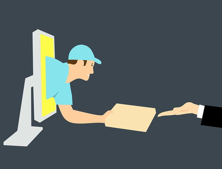 Illustration of a person receiving a package from a computer screen